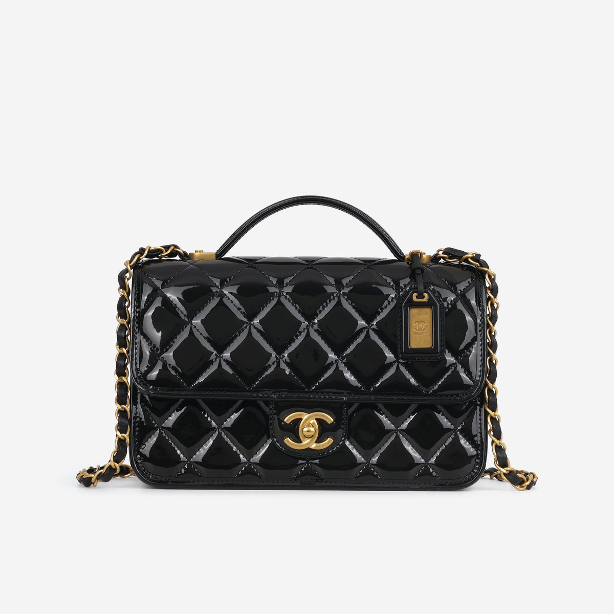 Chanel 22k "School Memory" Top Handle - Black Patent | Aged Gold Hardware