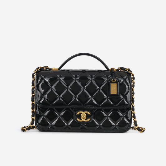 Chanel 22k "School Memory" Top Handle - Black Patent | Aged Gold Hardware