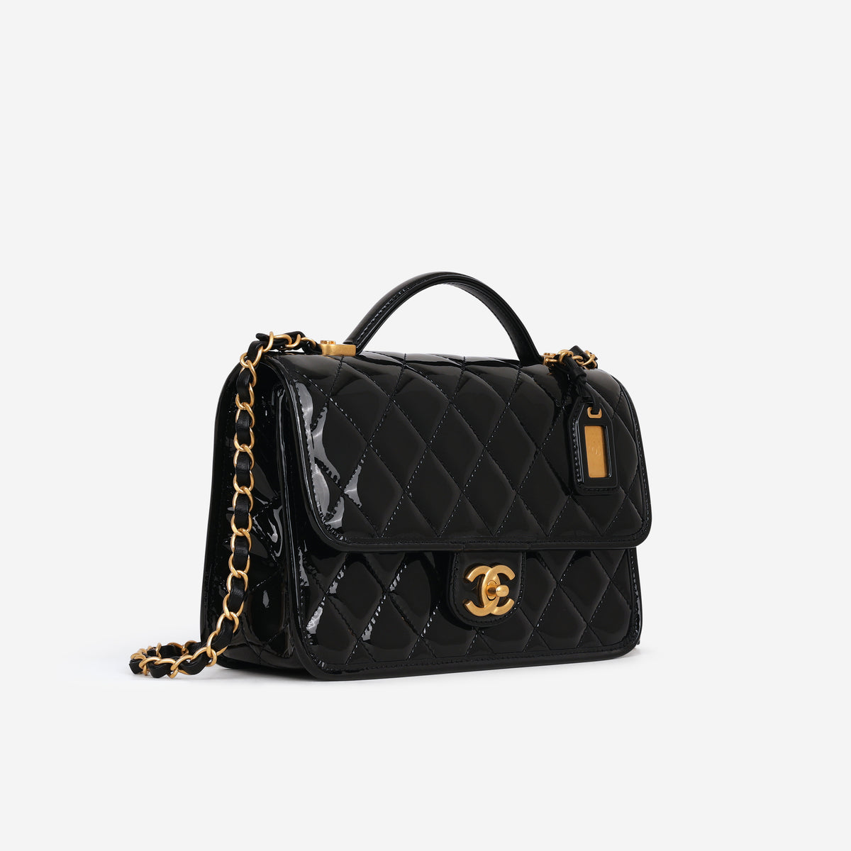 Chanel 22k "School Memory" Top Handle - Black Patent | Aged Gold Hardware