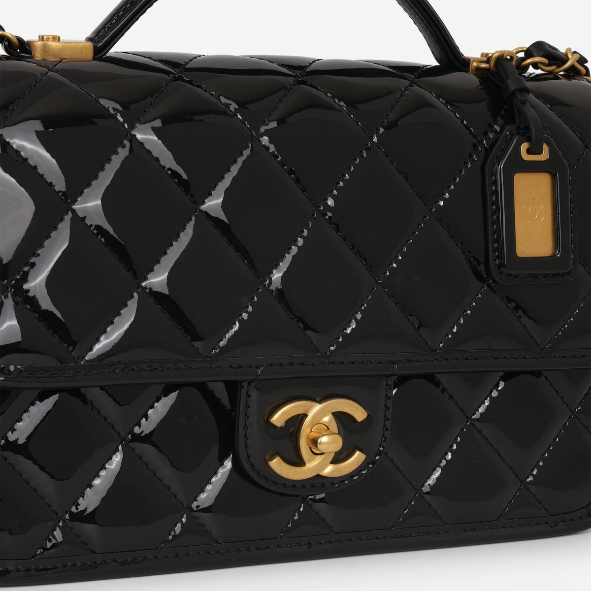 Chanel 22k "School Memory" Top Handle - Black Patent | Aged Gold Hardware