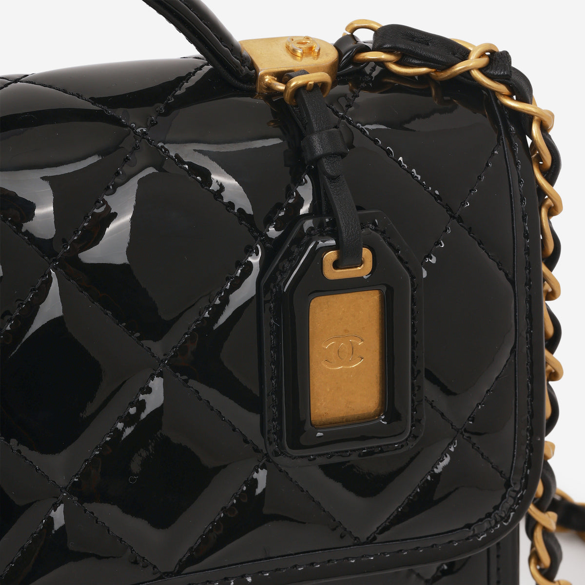 Chanel 22k "School Memory" Top Handle - Black Patent | Aged Gold Hardware