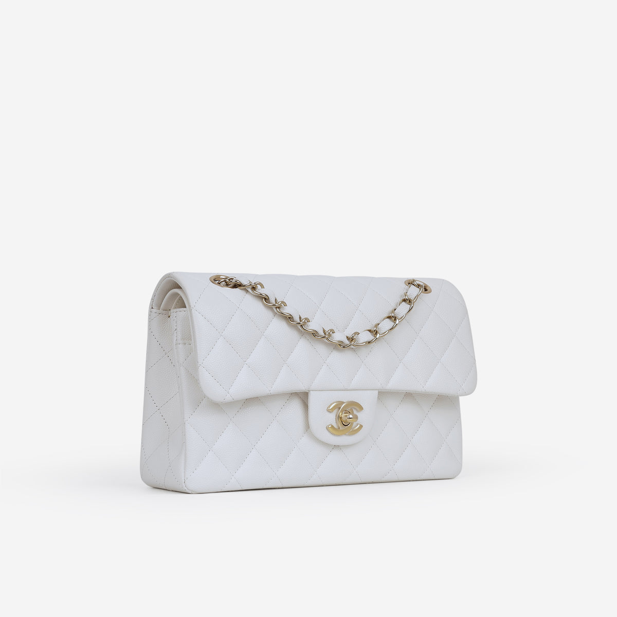 Chanel Small Classic Flap - White Caviar | Champagne Gold Hardware