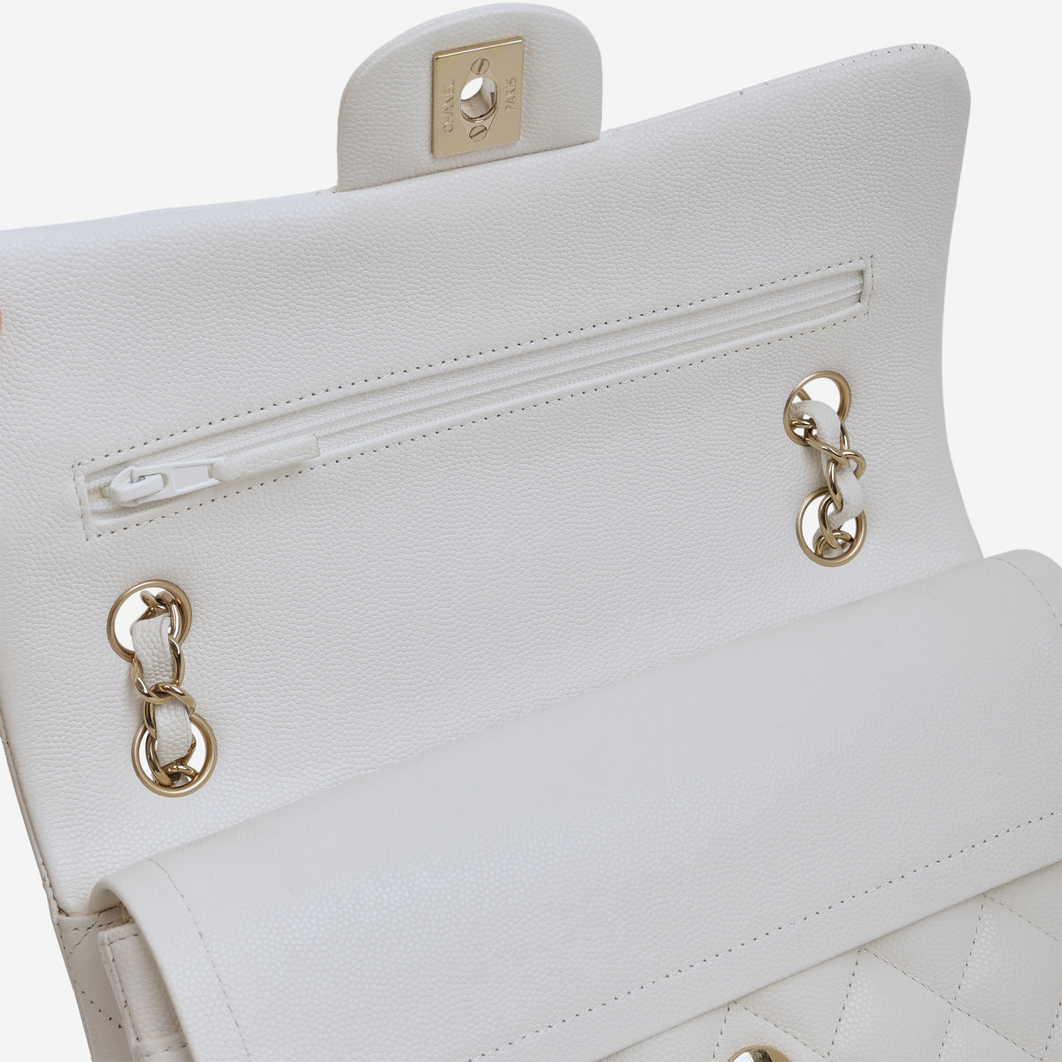 Chanel Small Classic Flap - White Caviar | Champagne Gold Hardware