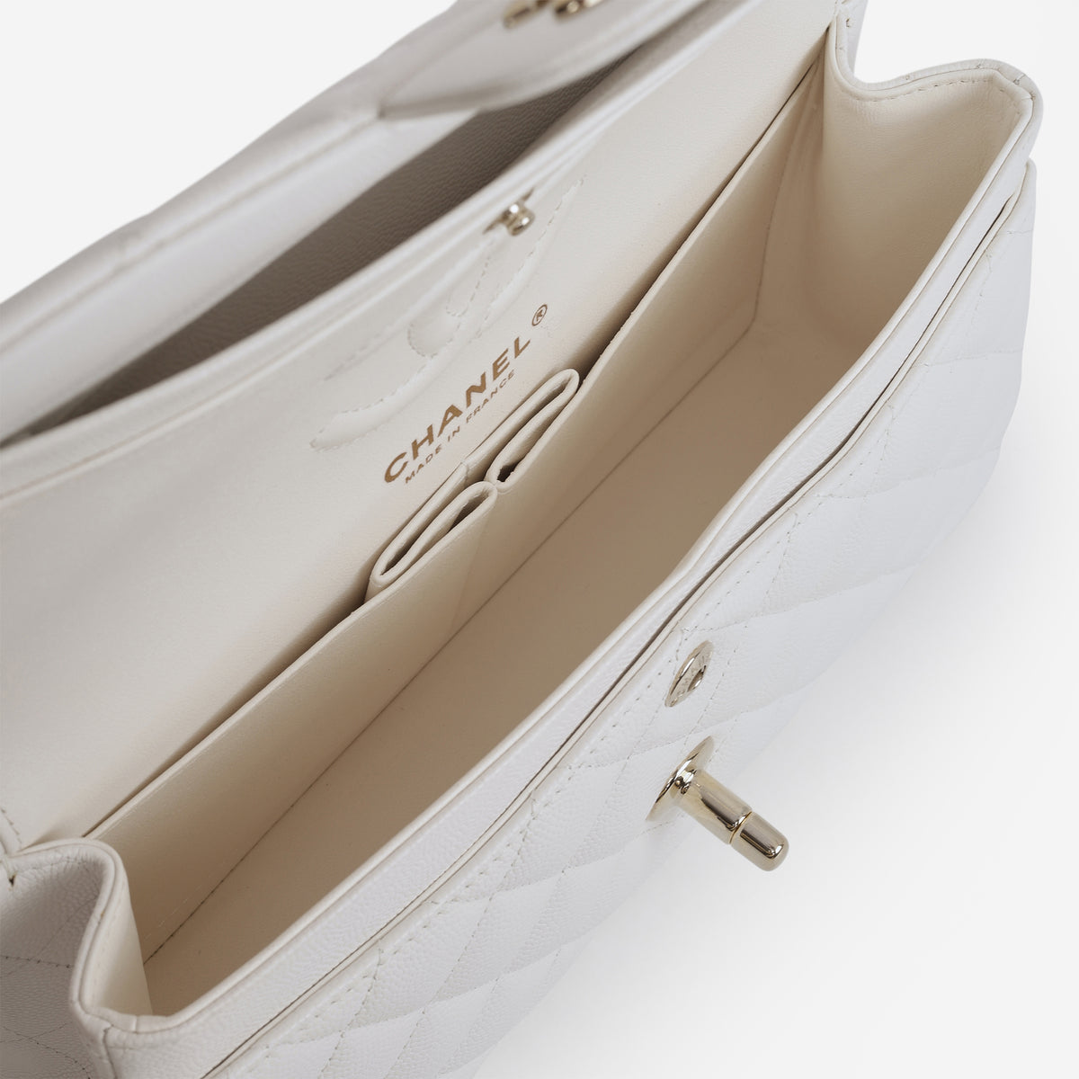 Chanel Small Classic Flap - White Caviar | Champagne Gold Hardware