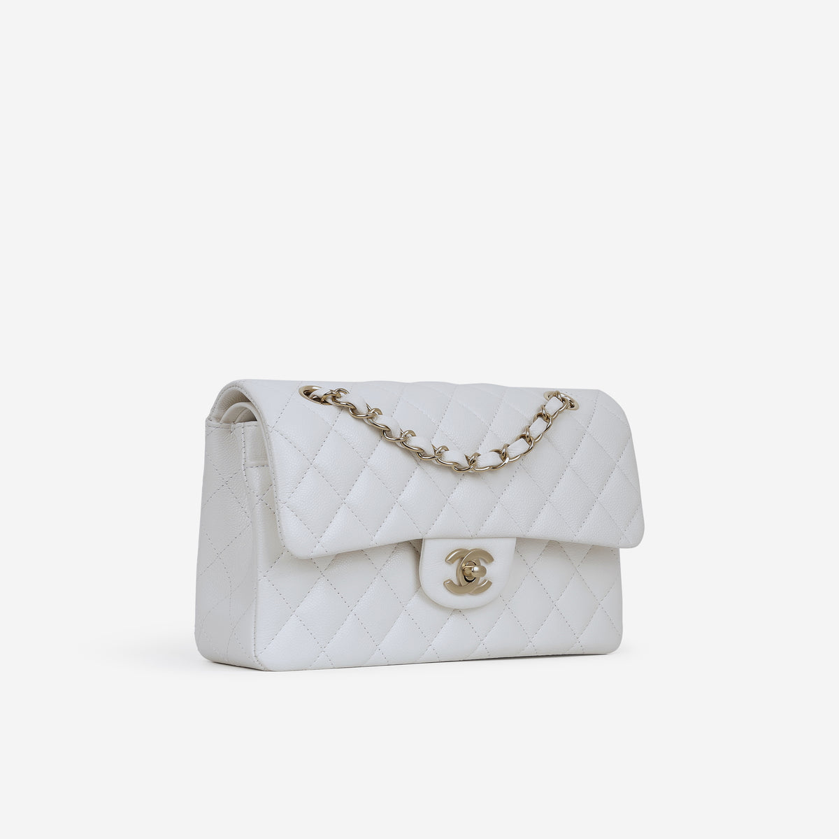 Chanel Small Classic Flap - White Caviar | Champagne Gold Hardware