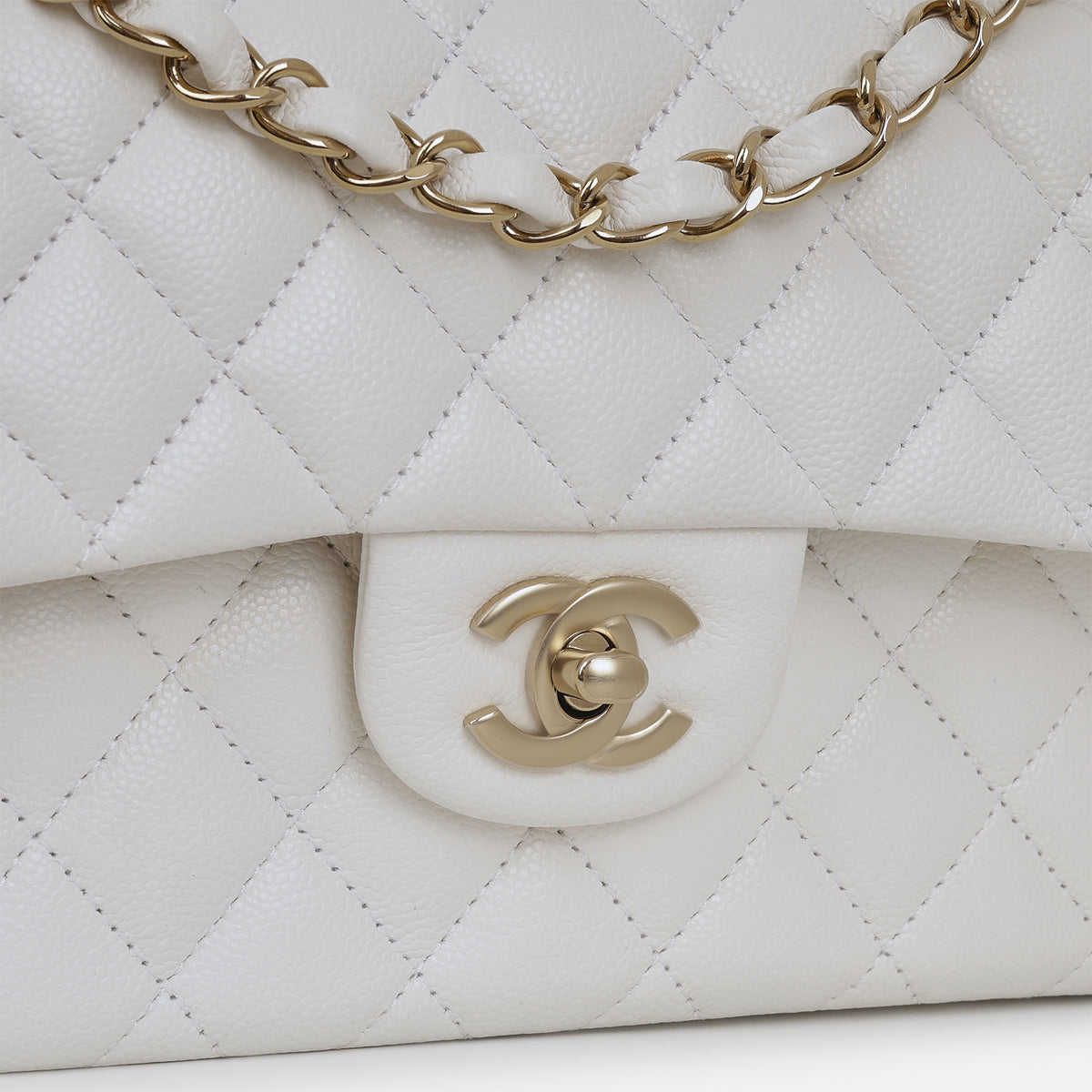 Chanel Small Classic Flap - White Caviar | Champagne Gold Hardware