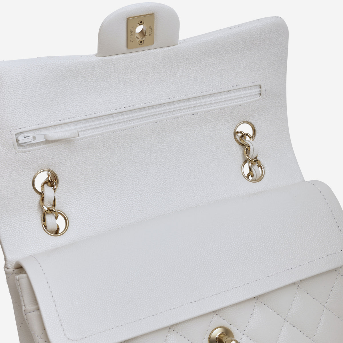 Chanel Small Classic Flap - White Caviar | Champagne Gold Hardware