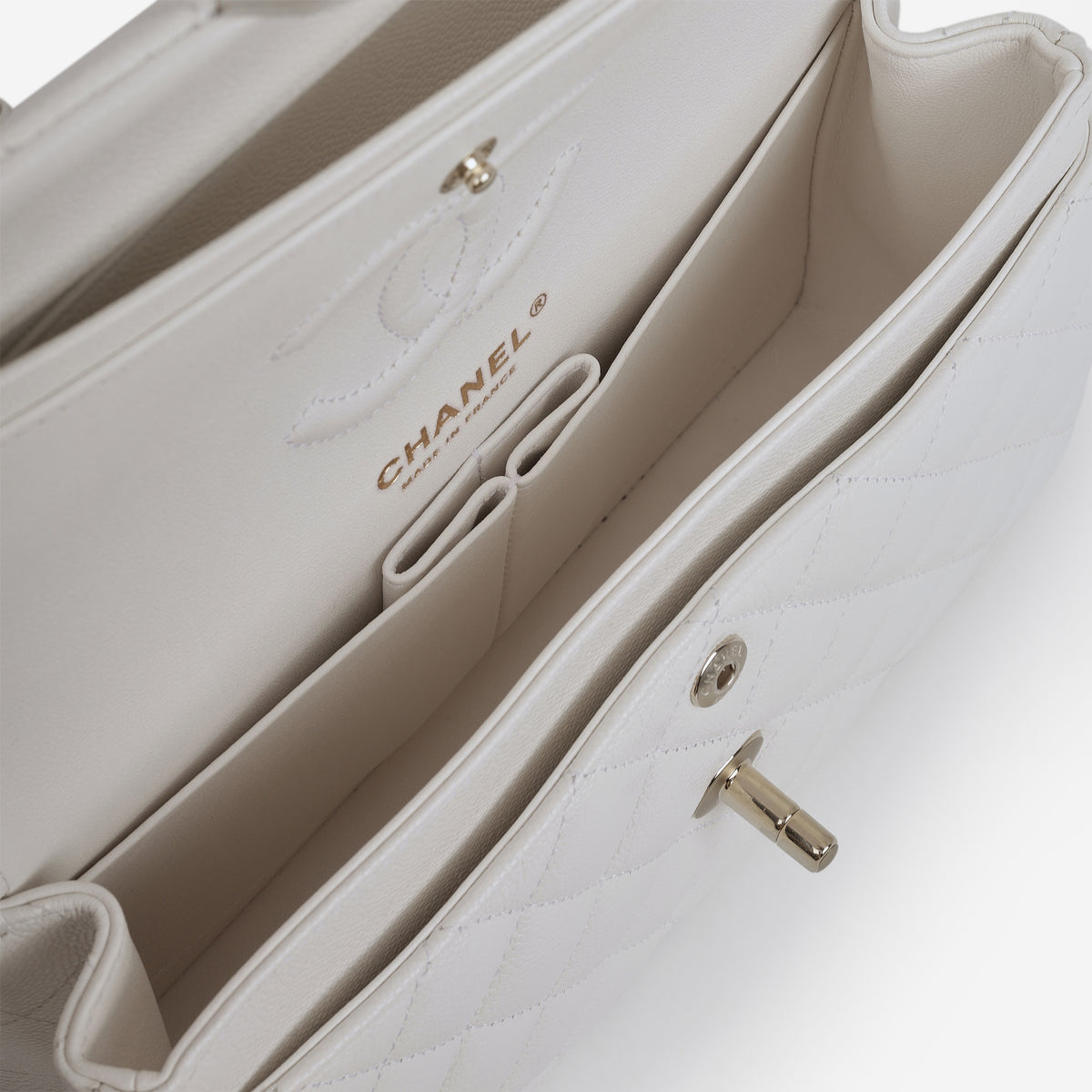 Chanel Small Classic Flap - White Caviar | Champagne Gold Hardware