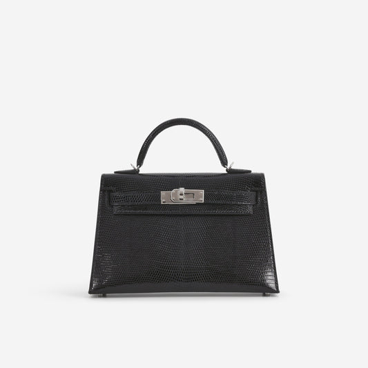 Hermès Mini Kelly - Black Salvator Lizard Lisse | Palladium Hardware