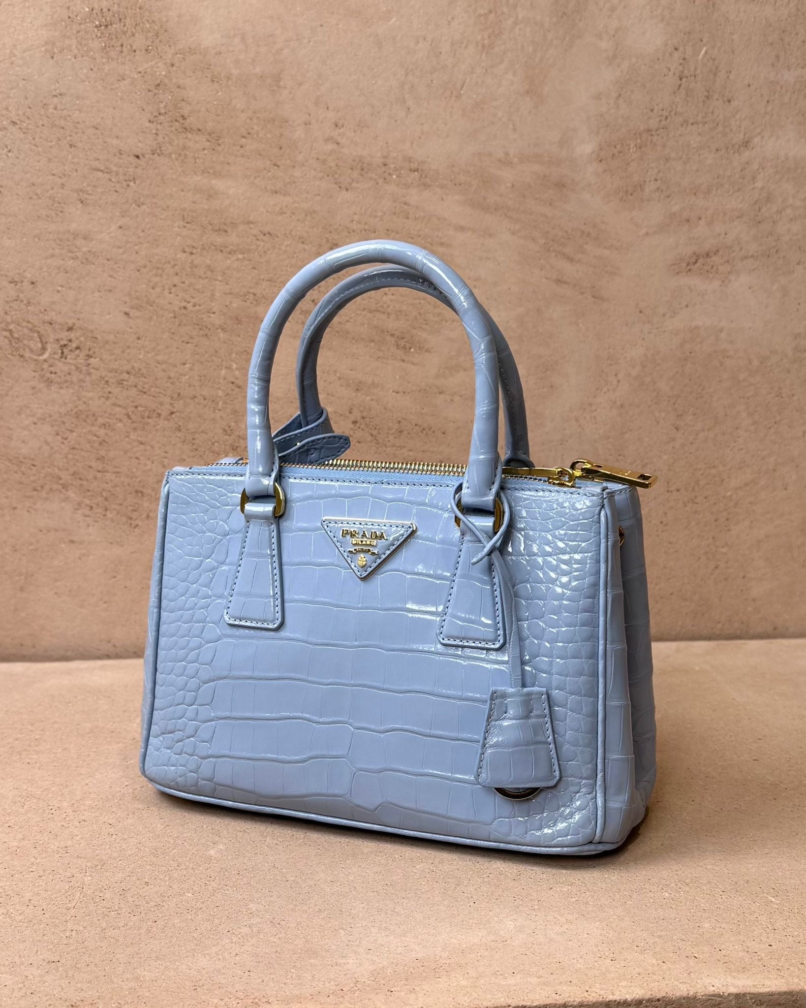 Prada Small Galleria - Light Blue Crocodile | Gold Hardware - Bagista