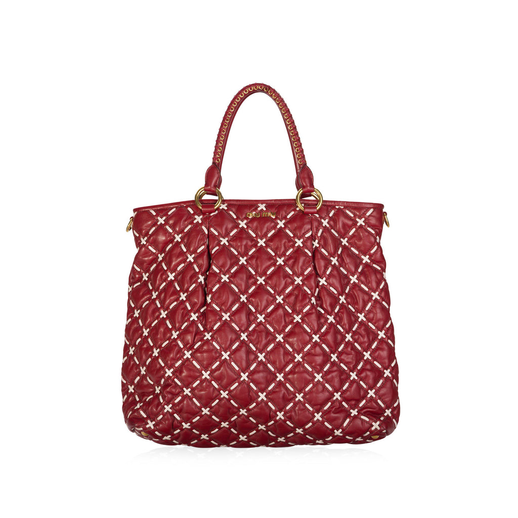 Red and White Quilted Leather Big Tote