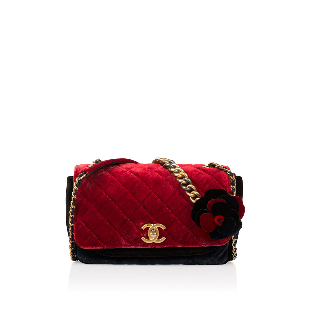 Chanel Pattern Print, Red Paris-Cosmopolite Velvet Camellia Flap Bag