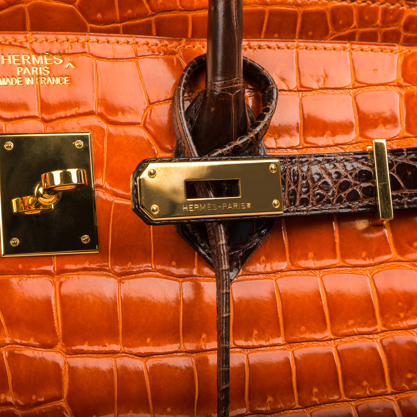 Birkin 35 - Orange/Brown - Shiny Porous Crocodile