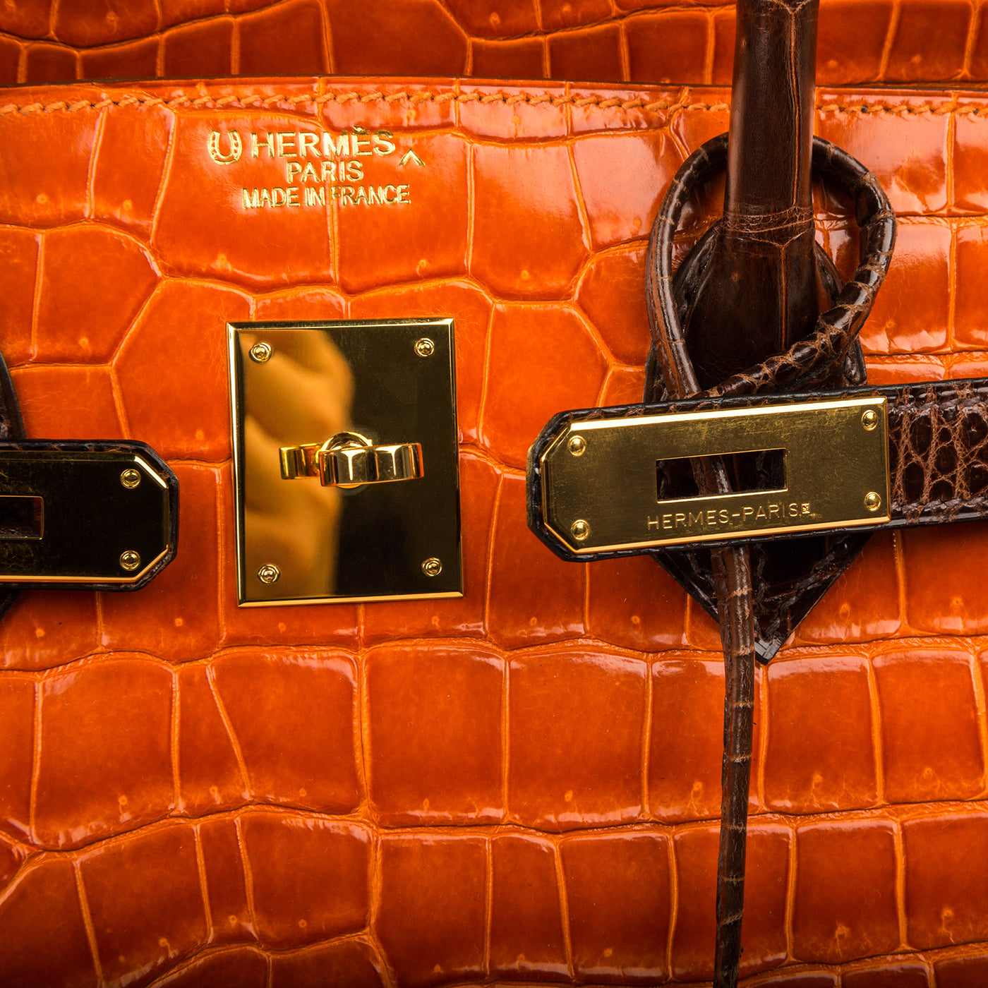 Birkin 35 - Orange/Brown - Shiny Porous Crocodile