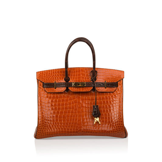 Birkin 35 - Orange/Brown - Shiny Porous Crocodile