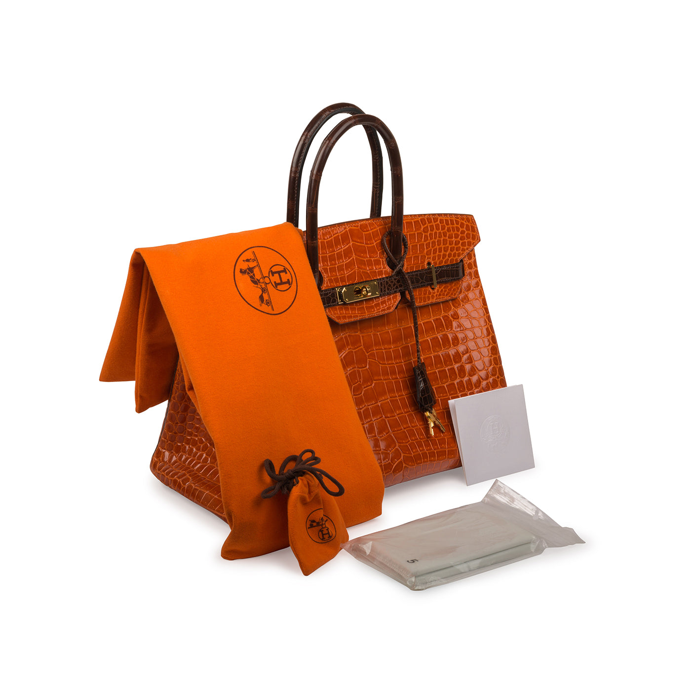 Birkin 35 - Orange/Brown - Shiny Porous Crocodile