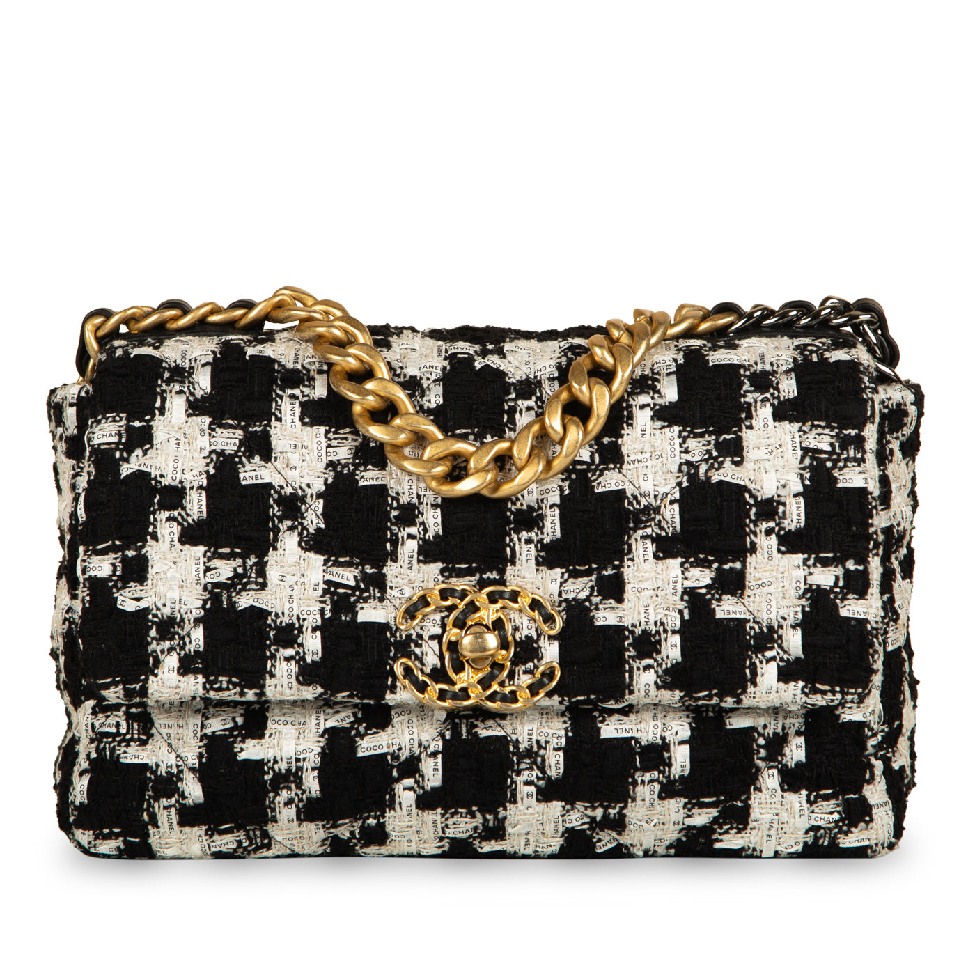 Chanel 19 Large, Black and White Houndstooth Tweed, Preowned