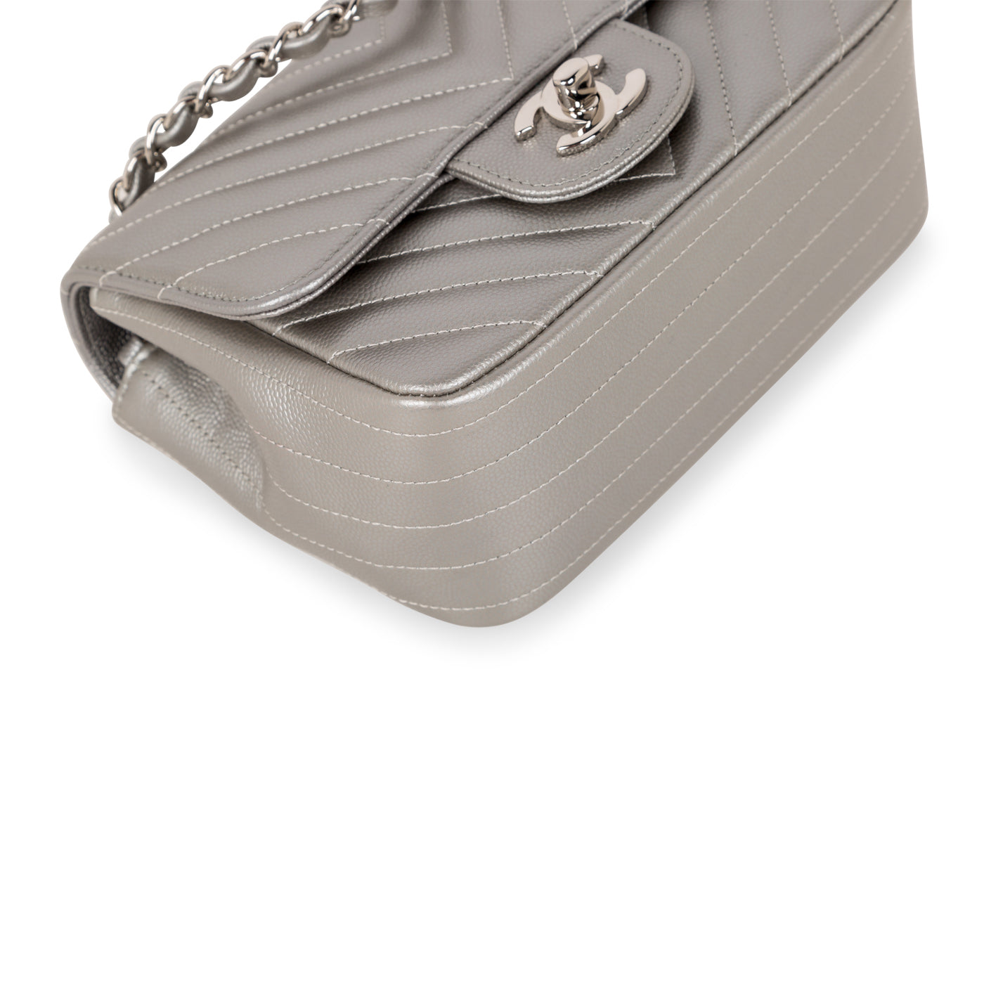 Chanel - Mini Square Classic Flap Bag - Silver Chevron Caviar