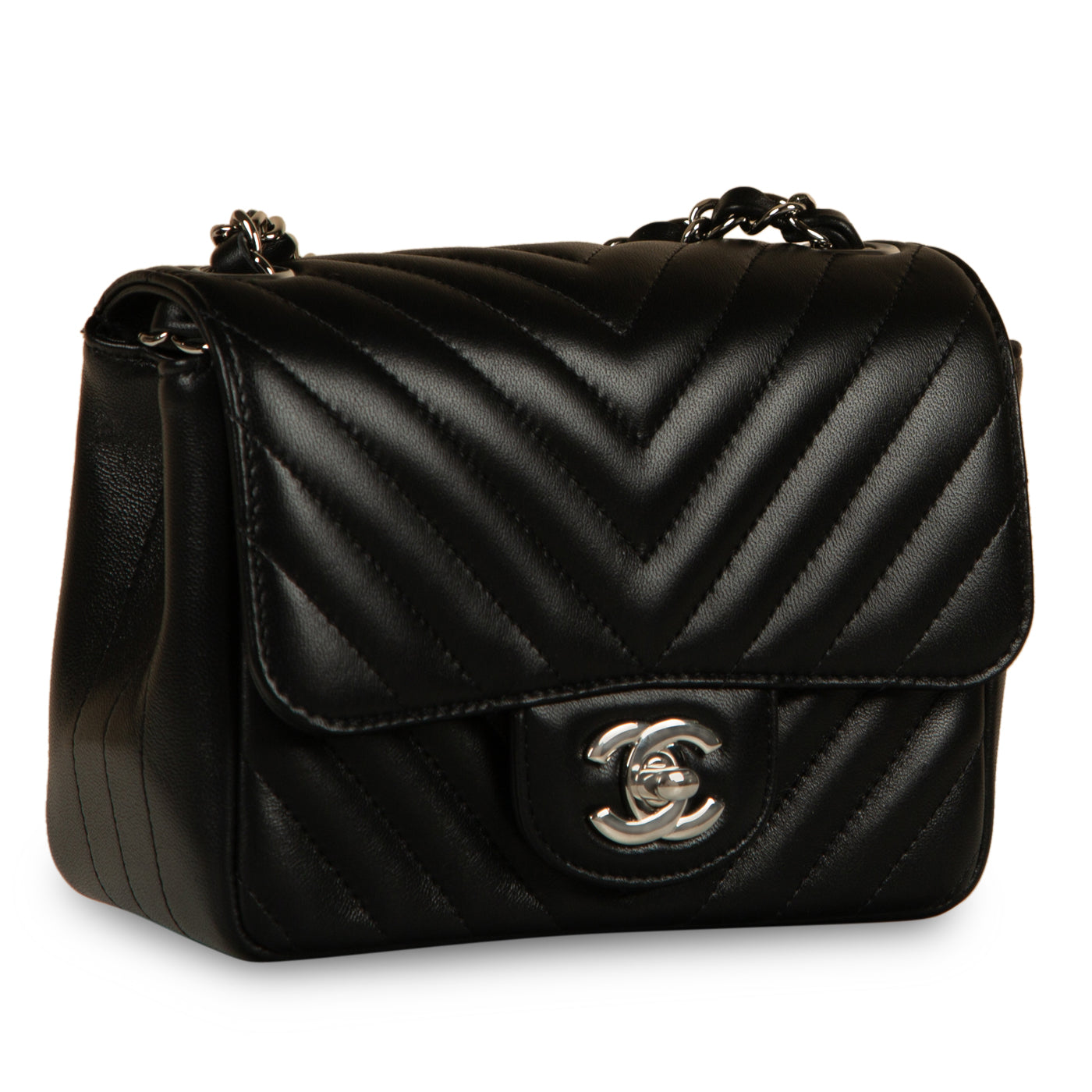 Chanel - Mini Square Classic Flap Bag - Black Chevron Lambskin - SHW