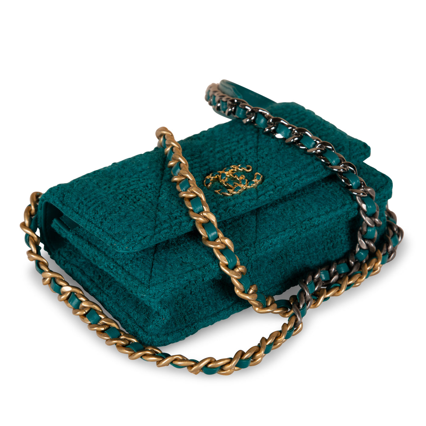 NIB 19K Chanel 19 Emerald Green Tweed Wallet on Chain WOC Flap Bag