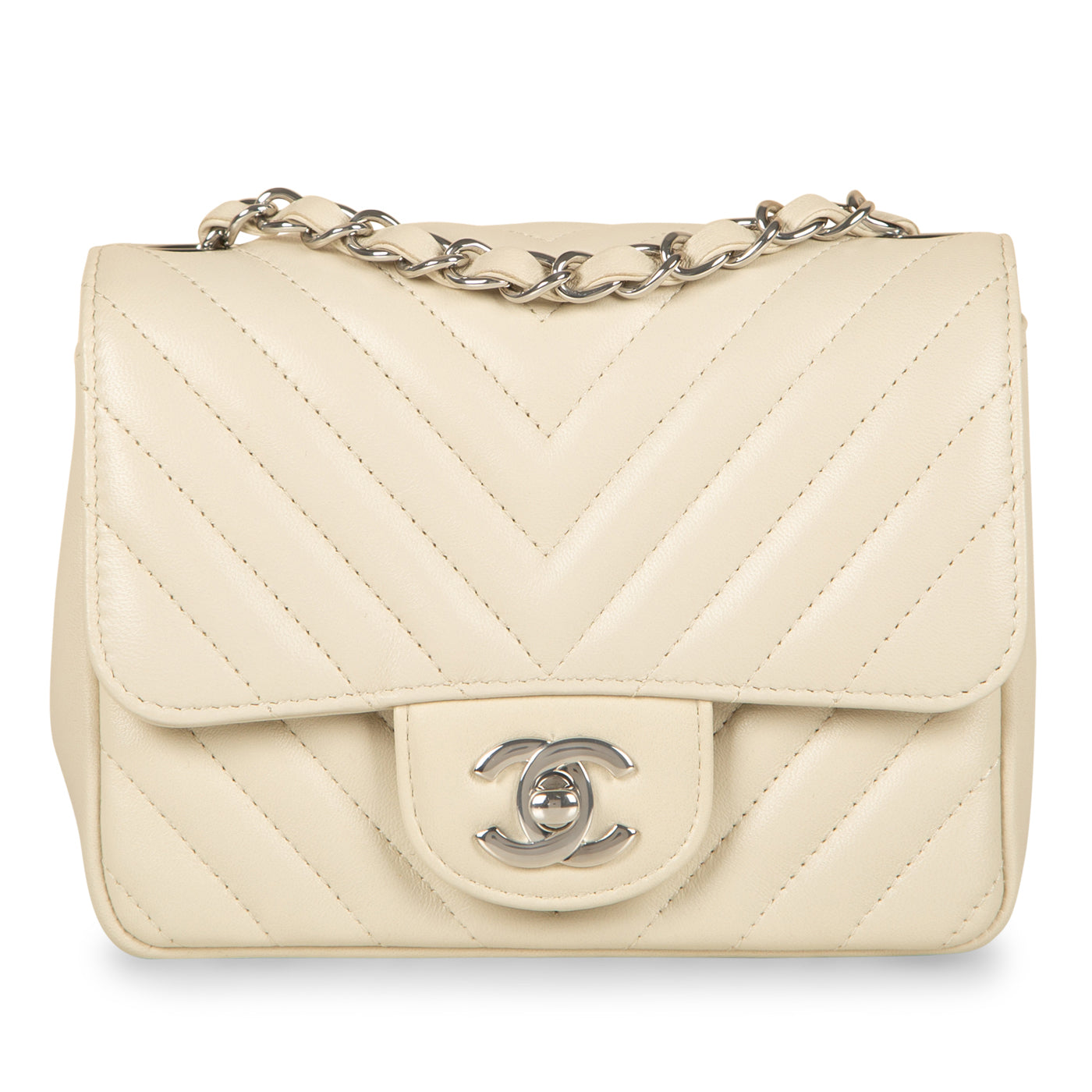 Chanel - Classic Flap Bag - Mini Square - Ivory White Lambskin - Chevron -  SHW - Mint