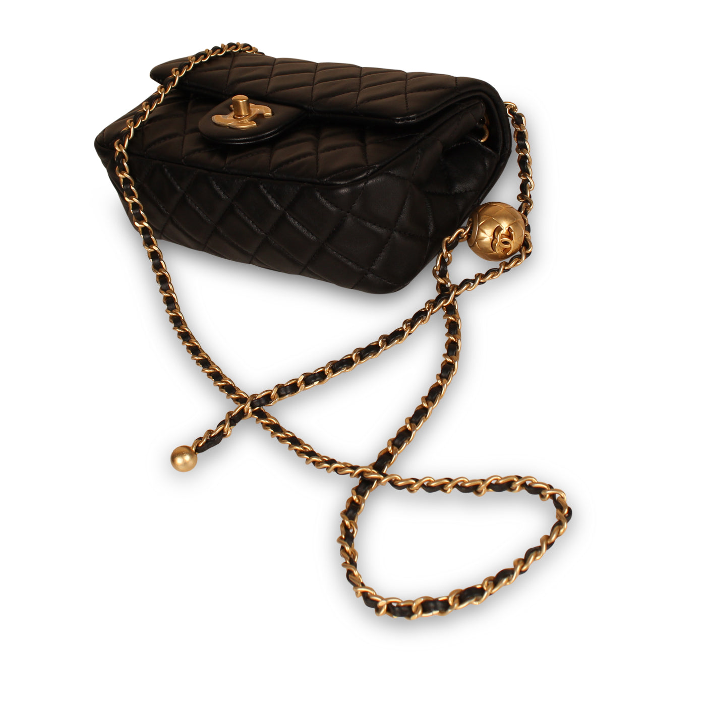 🖤NWT 23C CHANEL Black Mini Rectangle Pearl Crush Gold Ball Flap Bag  w/receipt