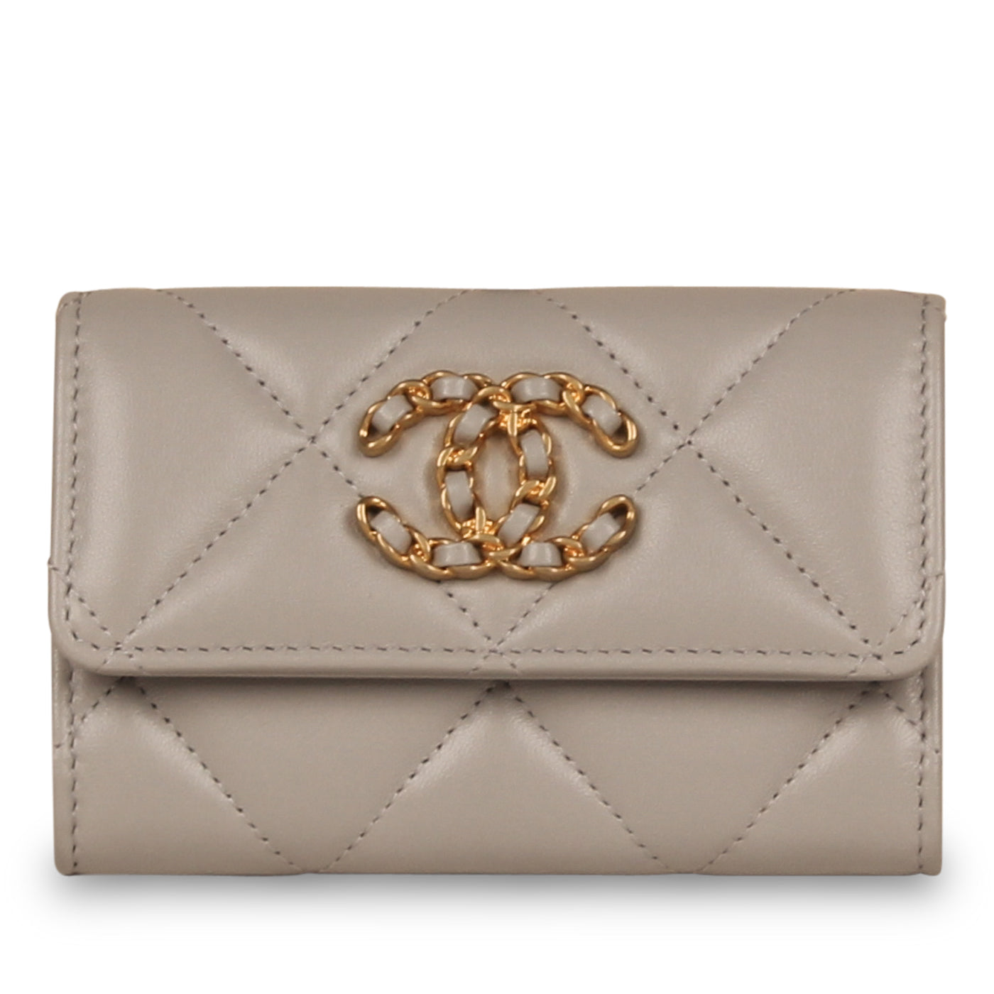CHANEL Shiny Goatskin Quilted Chanel 19 Flap Card Holder Beige