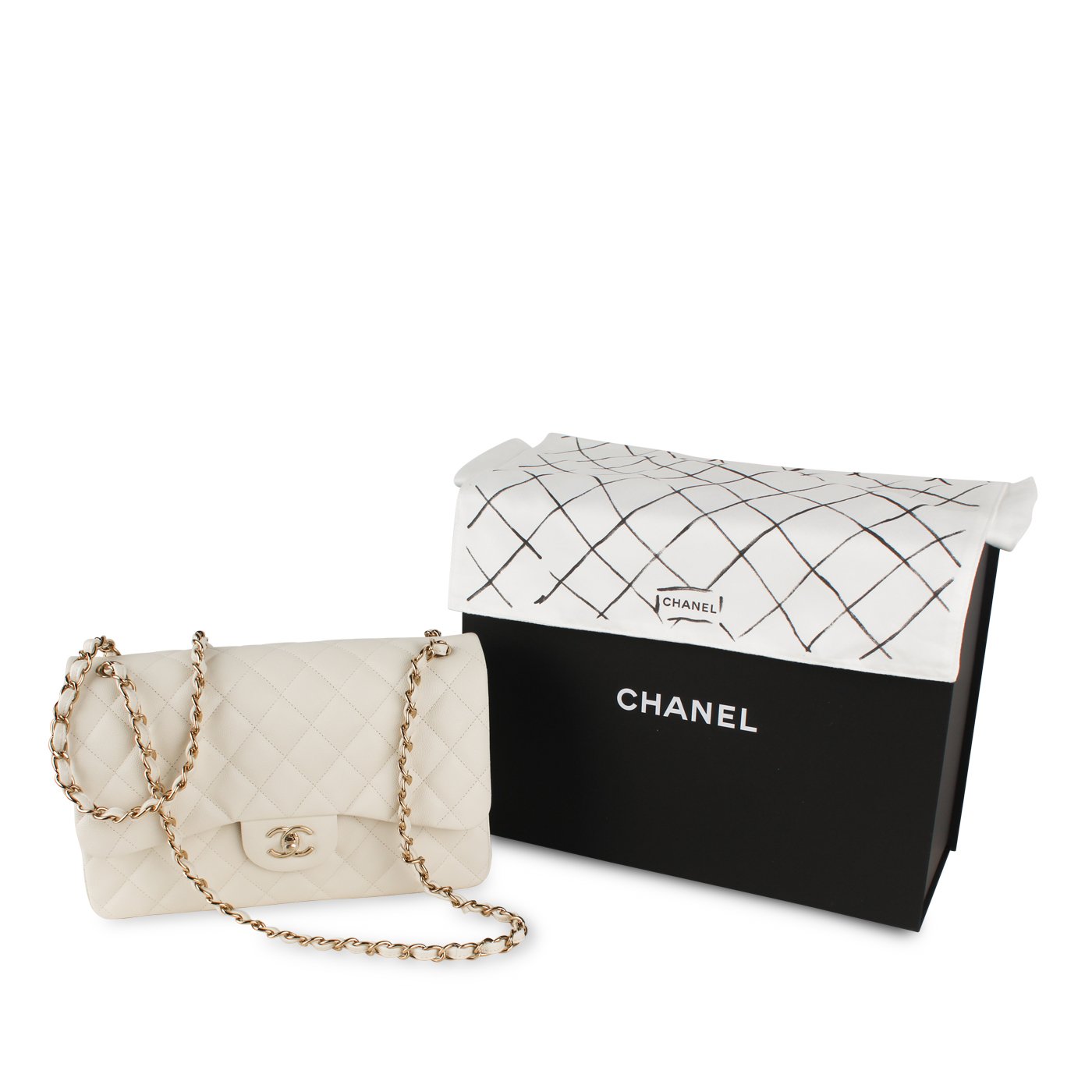 Chanel - Classic Flap Bag Jumbo - White Caviar Leather - Brand New