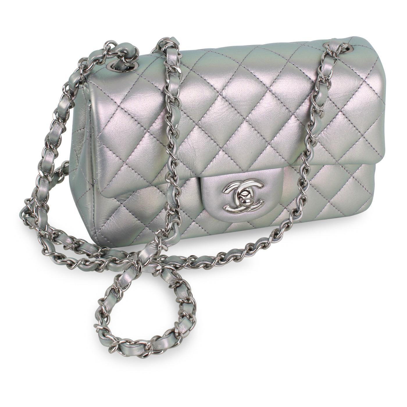 Mini Rectangular Classic Flap Bag - Iridescent Silver