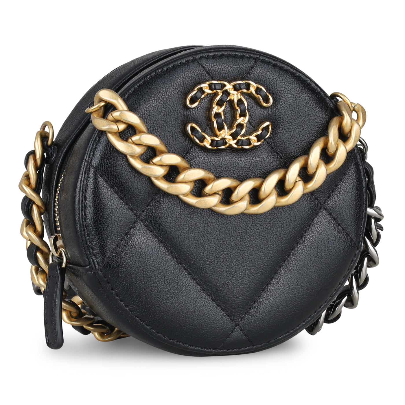 CHANEL Shiny Goatskin Quilted Chanel 19 Round Clutch With Chain