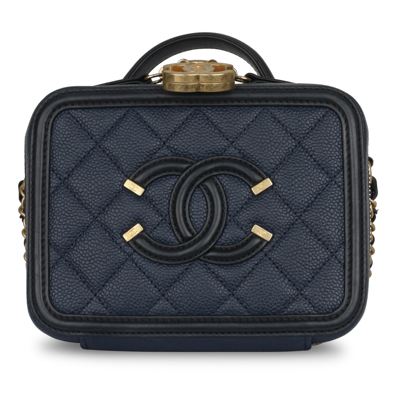 Chanel Navy Blue/Black Quilted Leather Small CC Filigree Vanity Case Bag