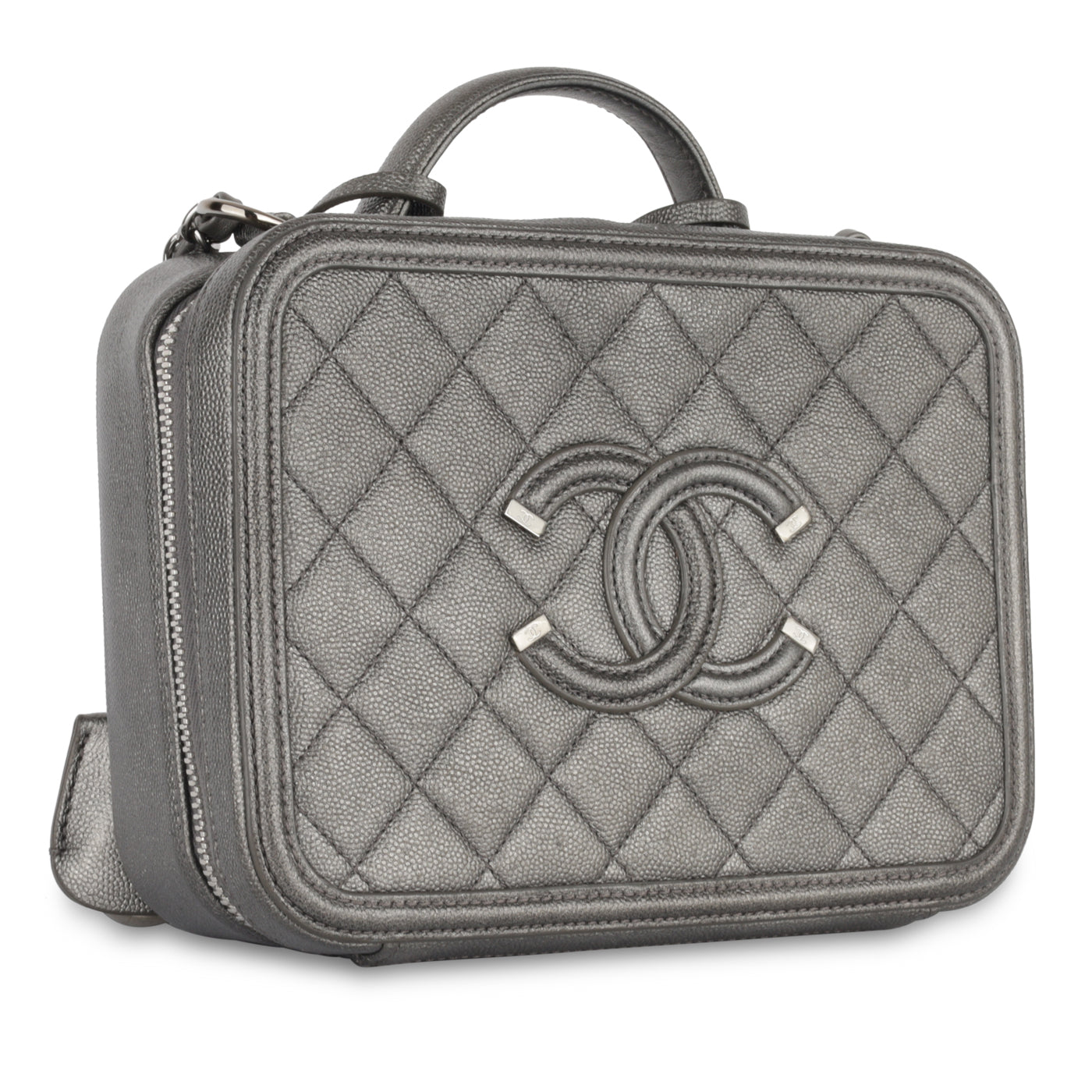 Chanel - Medium Filigree CC Vanity Case - Metallic Silver Caviar - RHW