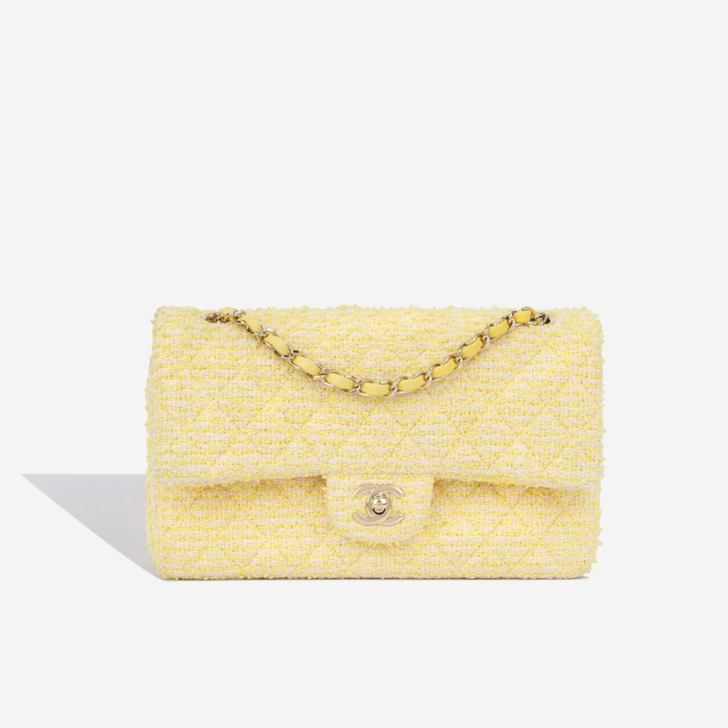 Chanel Yellow Tweed Medium Classic Double Flap Bag With