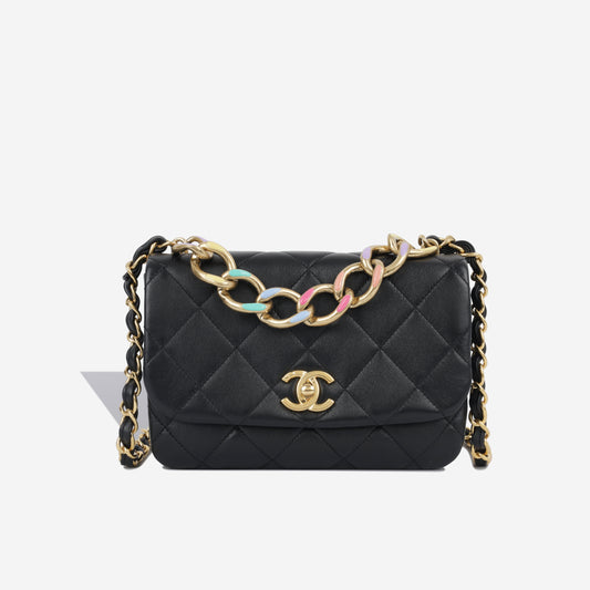 Seasonal Rainbow Chain Flap - Black Goatskin GHW