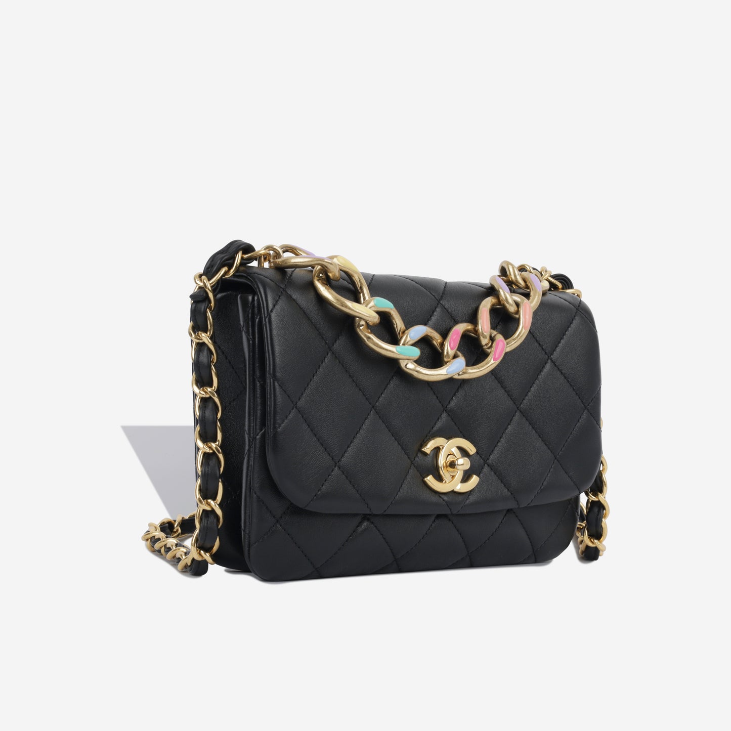 Seasonal Rainbow Chain Flap - Black Goatskin GHW