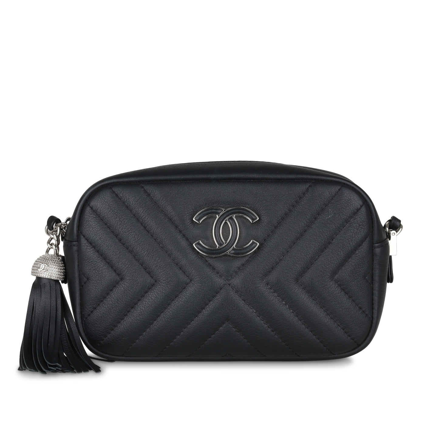 CHANEL CAMERA VINTAGE CHEVRON BAG, with top zip closure with charm