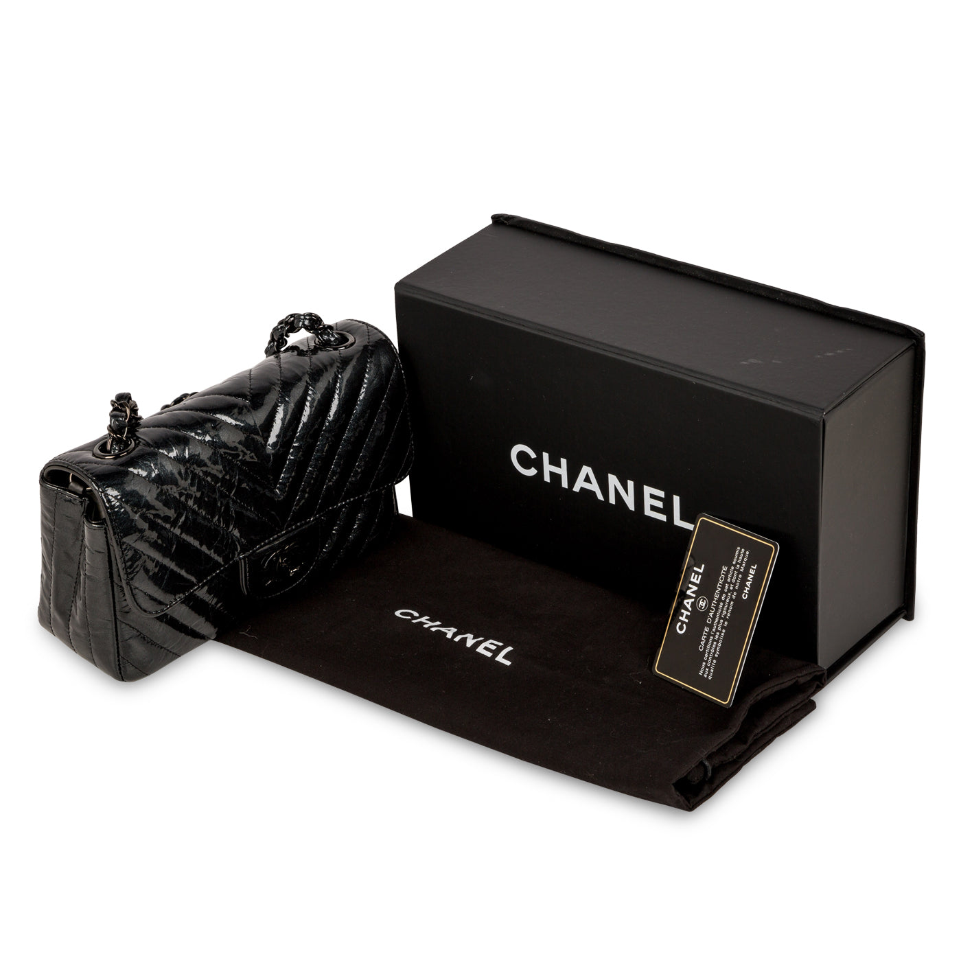 Chanel - Classic Flap Bag - Mini Rectangular - Black Crinkled Patent Leather  - Black Hardware - So Black