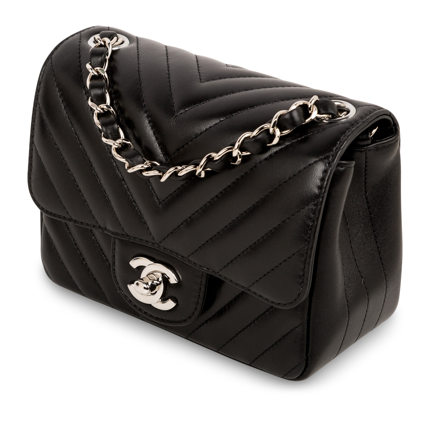 Chanel - Mini Square Classic Flap Bag - Black Chevron Lambskin - SHW - New
