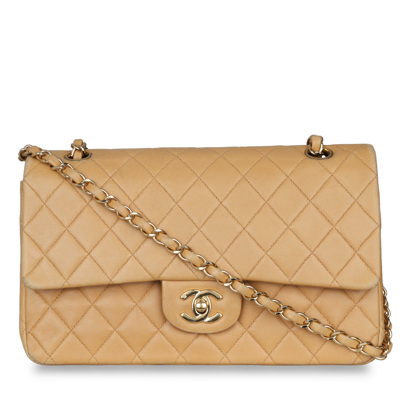 Chanel - Classic Flap Bag - Medium - Beige Lambskin - GHW - Pre-Loved