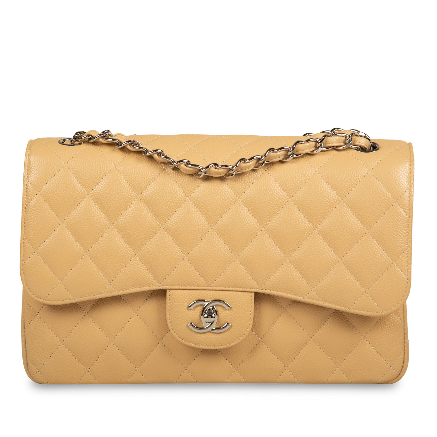 Chanel - Classic Flap Bag - Jumbo - Beige Caviar - SHW - Full Set