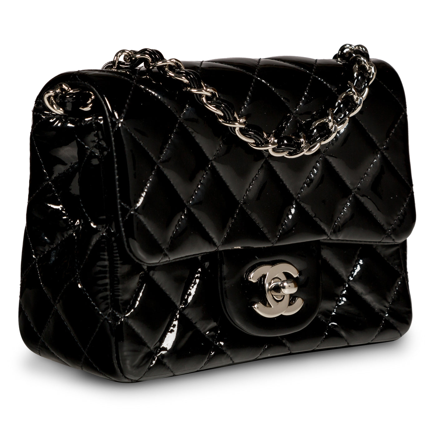 Chanel - Mini Square Classic Flap Bag - Black Patent - SHW - Pre-Loved