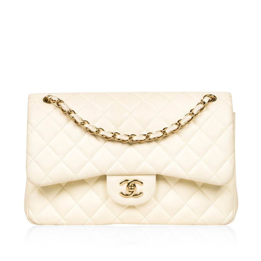 Chanel - Classic Flap Bag Jumbo - Off-white Caviar Leather - Pre-Loved