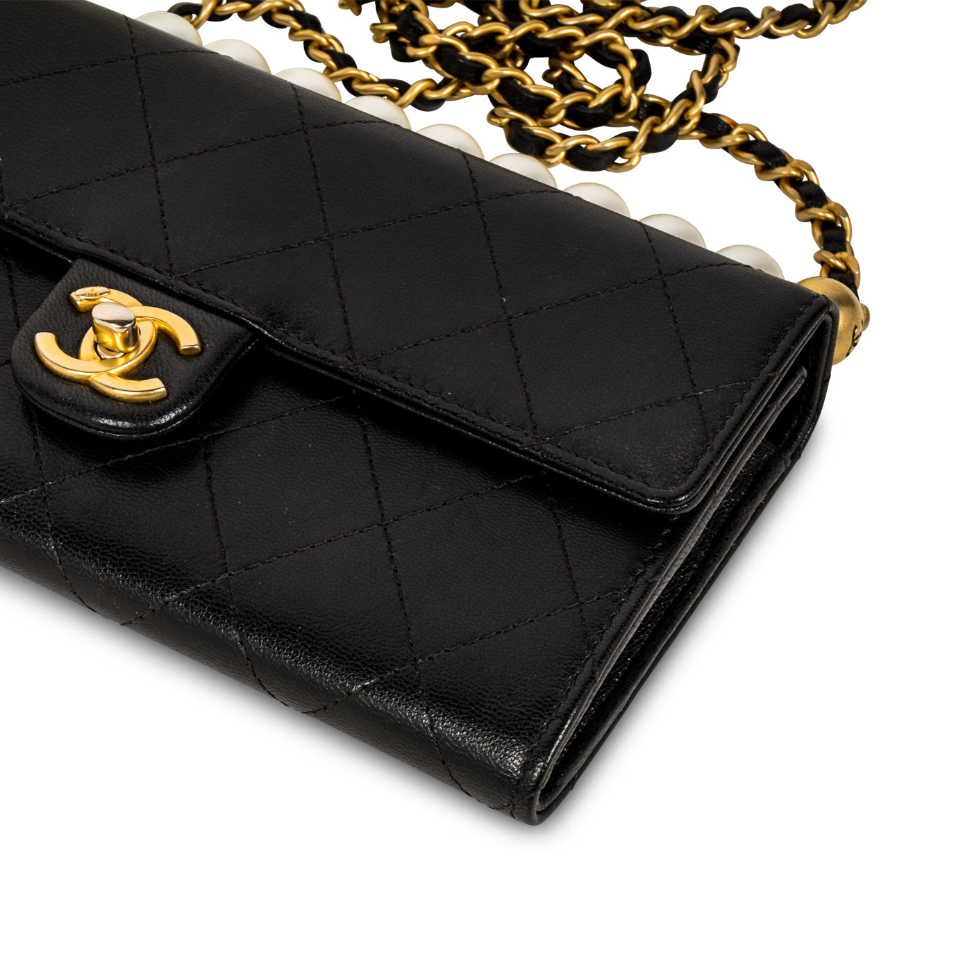 CHANEL Calfskin Quilted Mini Maxi Pearls Wallet On Chain WOC Black 1248354