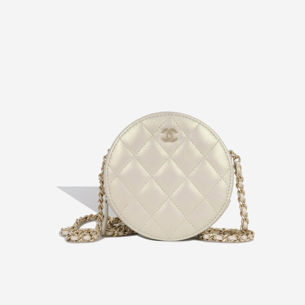Chanel - Round Clutch with Chain - Silver Iridescent Lambskin CGHW