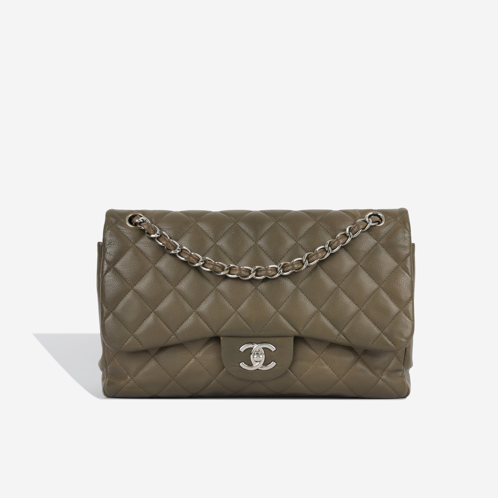 Chanel - Classic Flap Bag - Jumbo - Olive Green - SHW - Pre Loved | Bagista