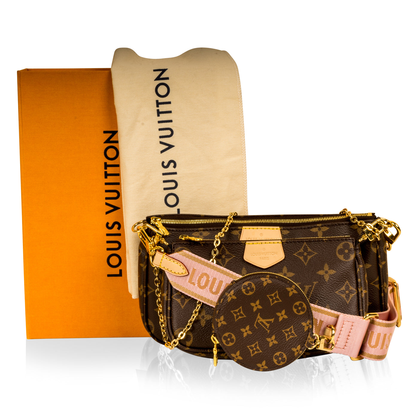 Louis Vuitton Multi Pochette in Monogram Canvas with Pink Strap - Bags from  David Mellor Family Jewellers UK
