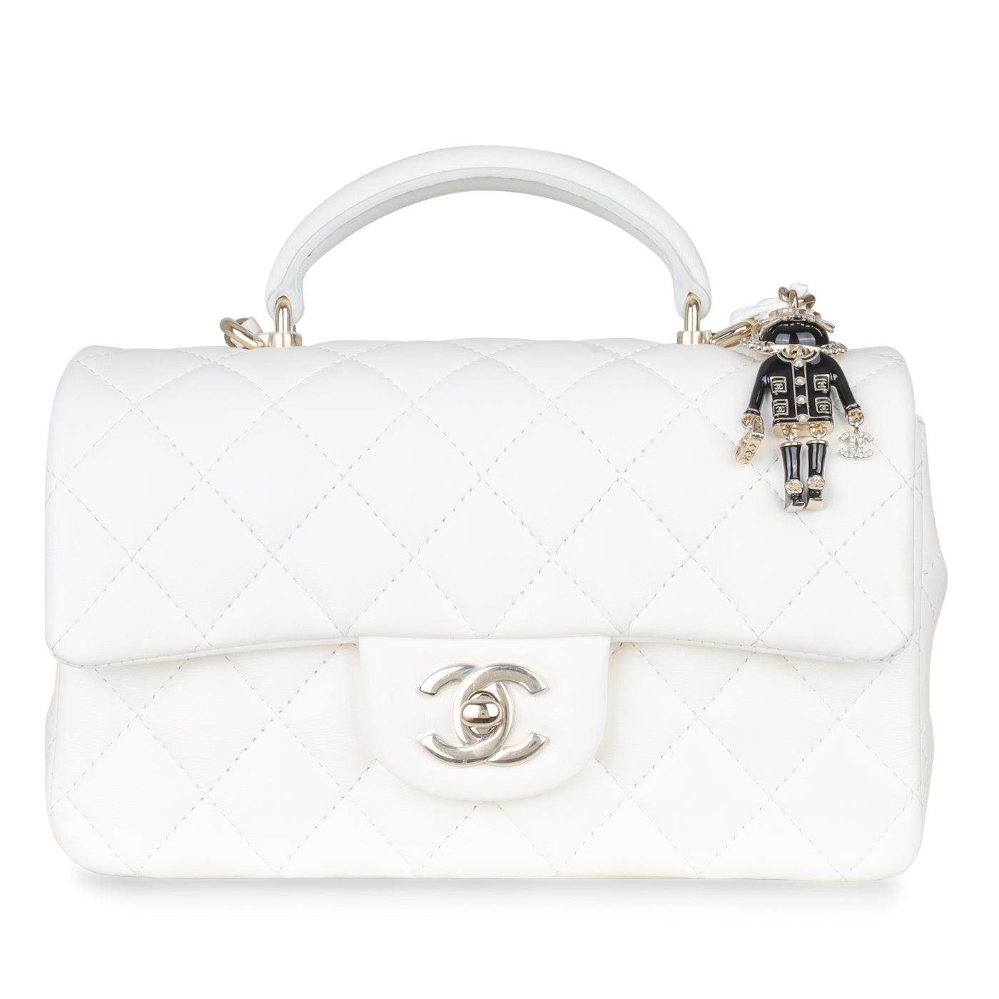Chanel Top Handle Mini Rectangular Flap Bag with Charm White Lambskin Gold  Hardware