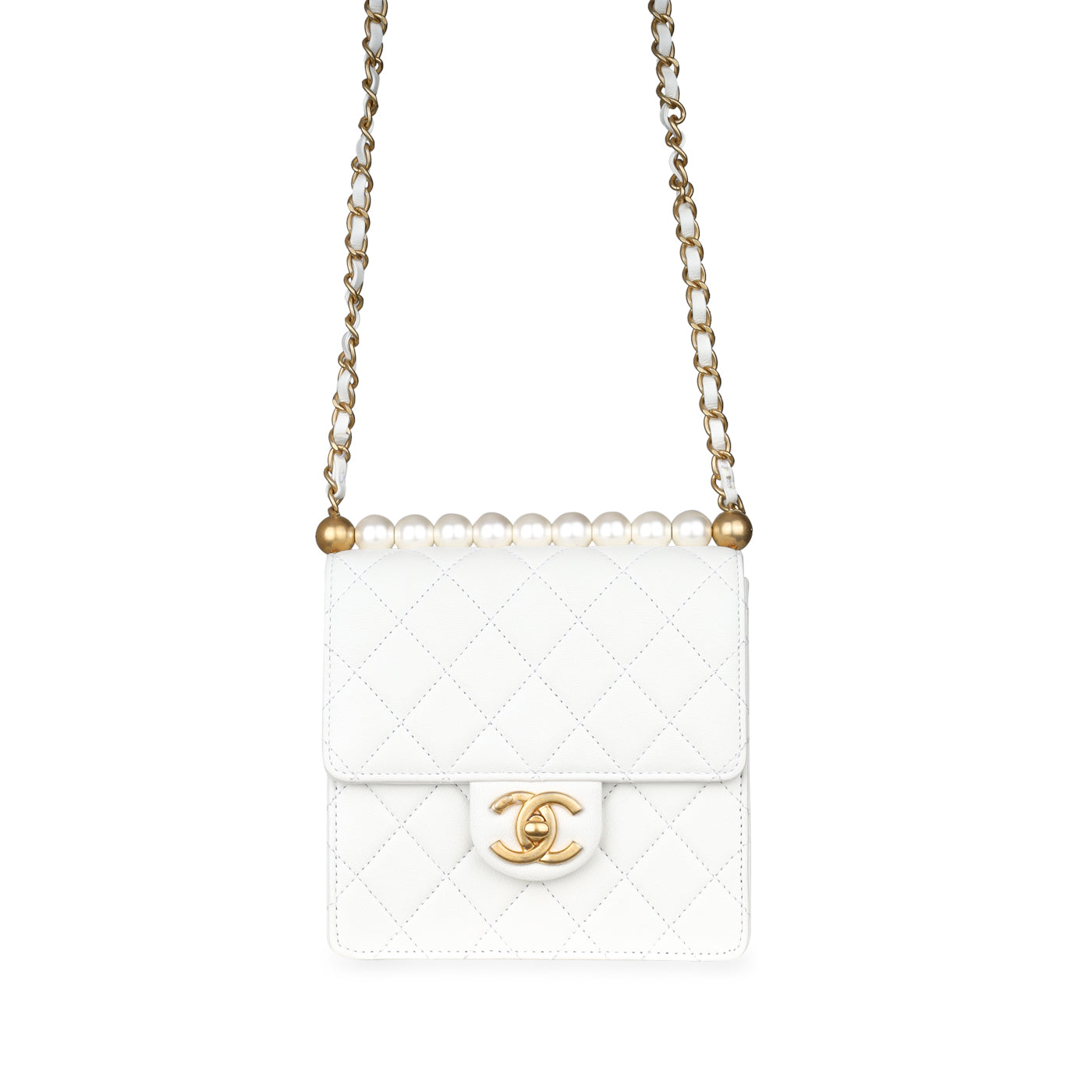 Chanel - Vertical Pearl Flap Bag - White Calfskin - GHW - Pre-Loved