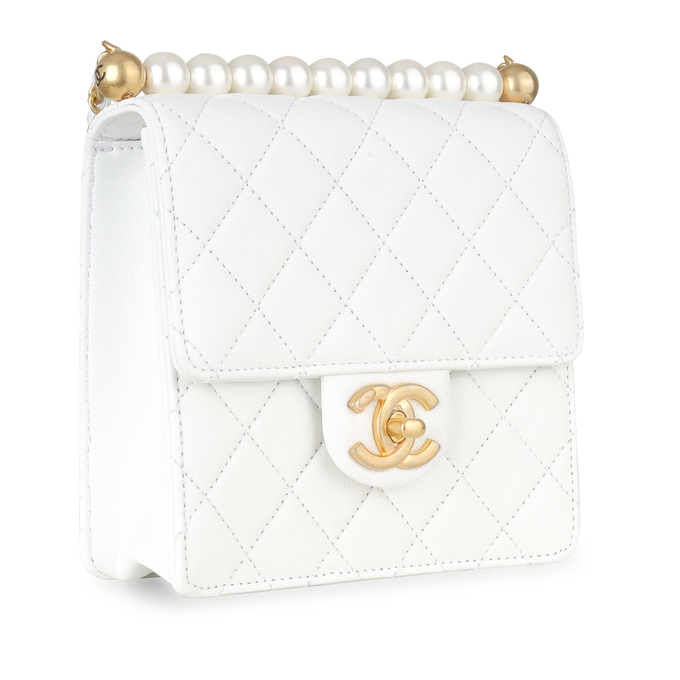 Chanel - Vertical Pearl Flap Bag - White Calfskin - GHW - Pre-Loved