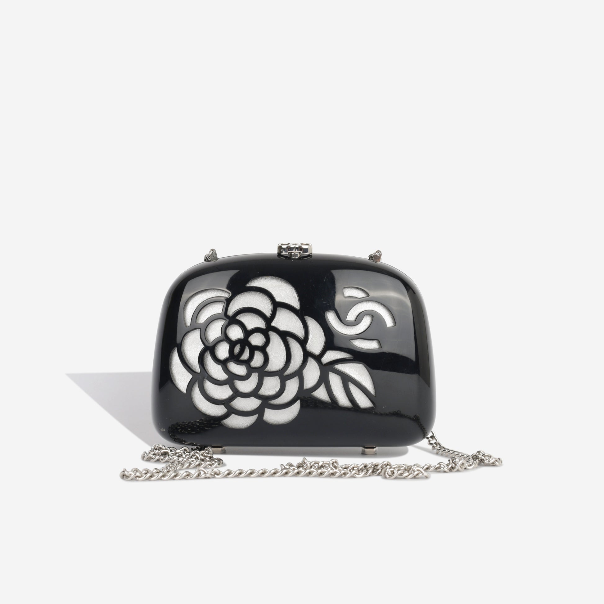 Chanel Vintage Camellia Minaudière Clutch Black Acrylic SHW